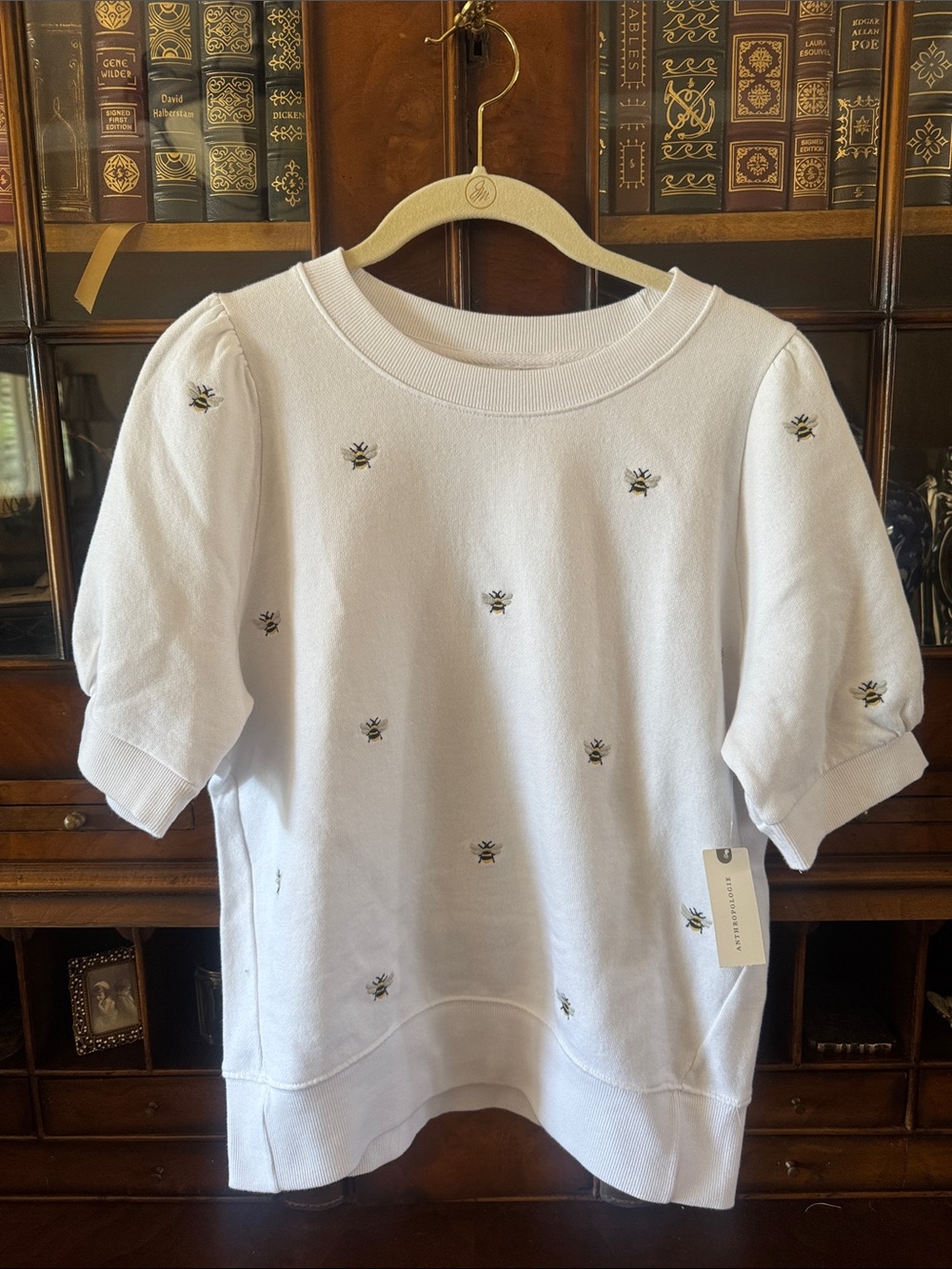 Anthropologie White Short Sleeve Sweatshirt with Bee Embroidery